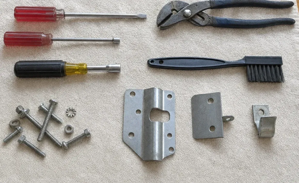 Two red-handled screwdrivers, a nut driver, pliers, flat steel plates and long bolts on a cloth