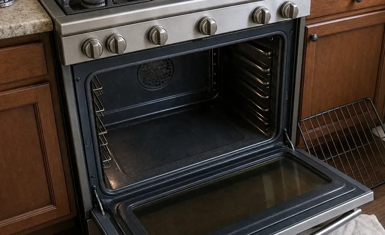 Stainless range in dark cabinets with the oven door open, showing bare rack rails inside the cavity