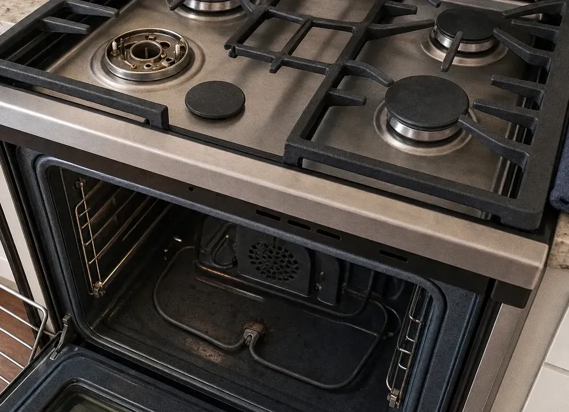 Rangetop grates with a burner opened up and the oven below showing its convection cover at the back