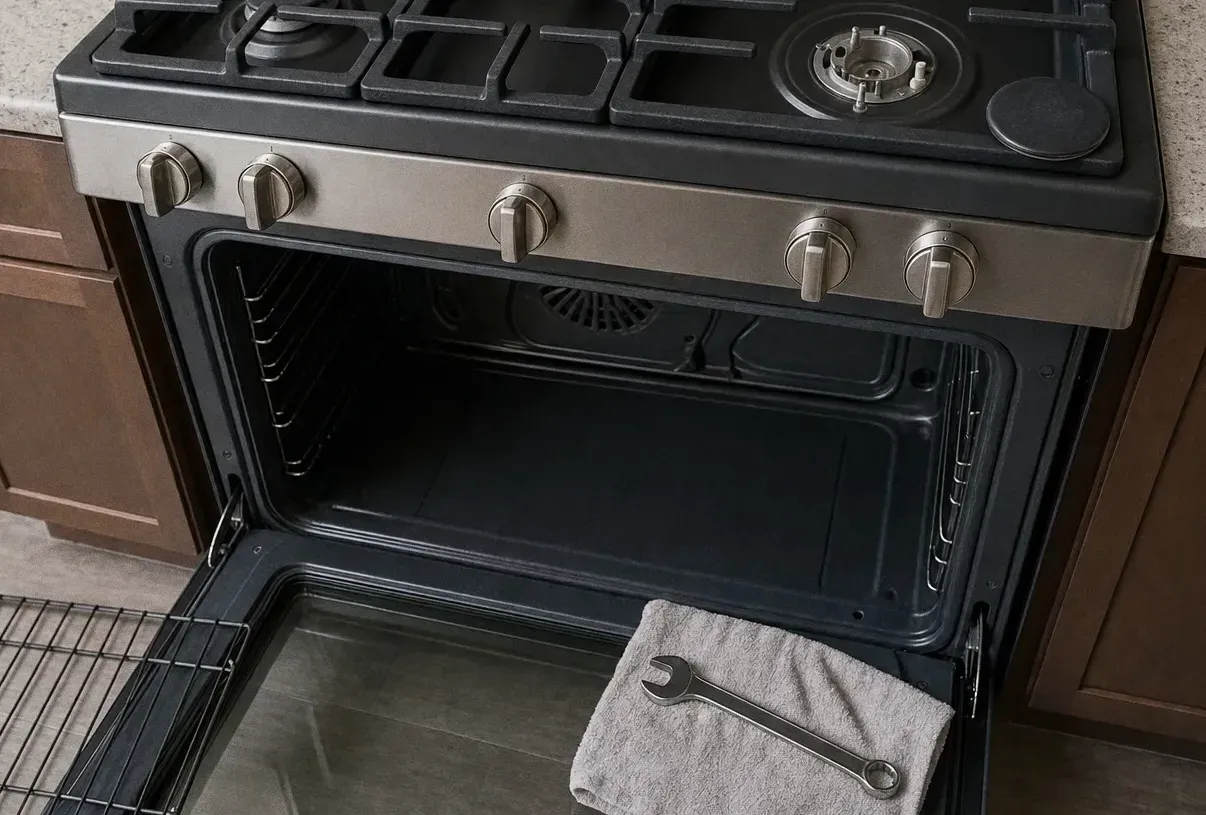Open burner ring on a rangetop with a towel and wrench resting on the lowered oven door