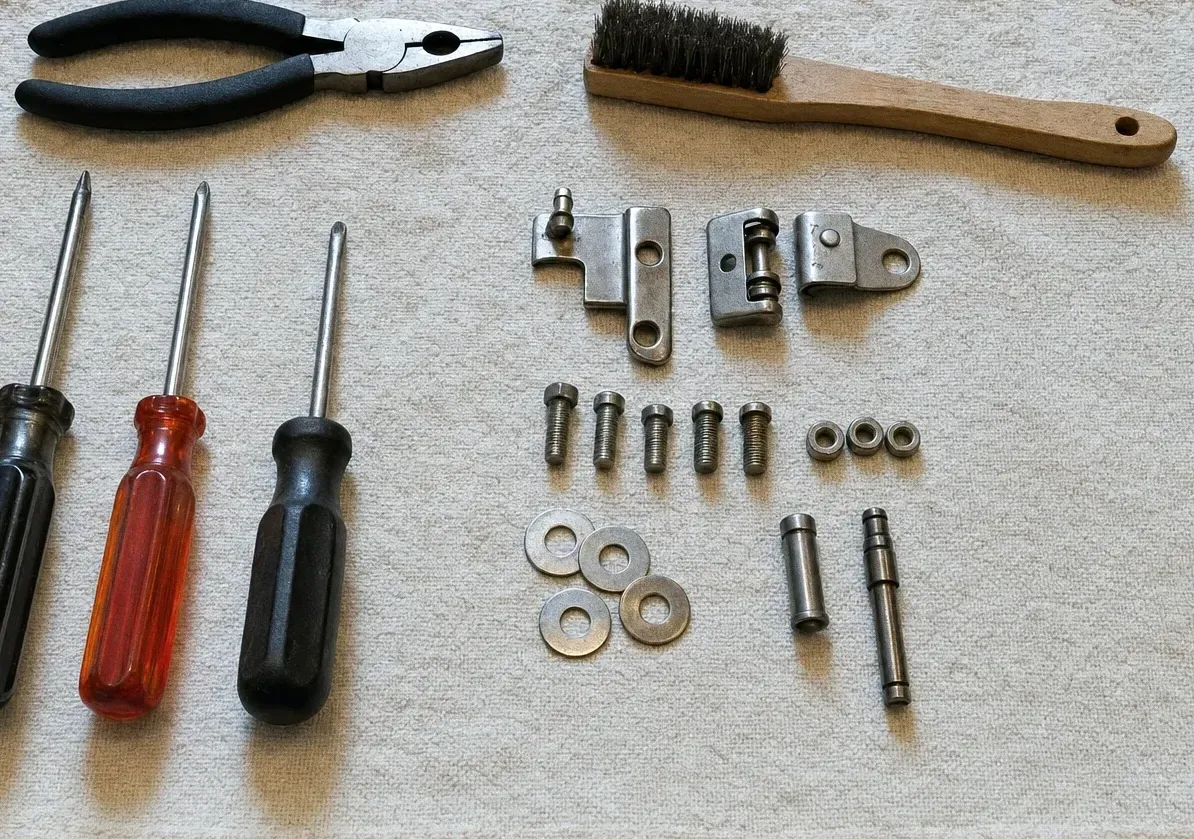 Door hinge plates and two steel pins beside pliers, a wire brush and screwdrivers on cloth